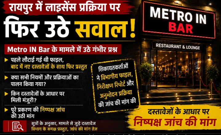 Metro IN Bar के एफ.एल.-2(क) लाइसेंस की प्रक्रिया पर उठे सवाल, निष्पक्ष जांच की मांग Metro IN Bar के एफ.एल.-2(क) लाइसेंस की प्रक्रिया पर उठे सवाल, निष्पक्ष जांच की मांग